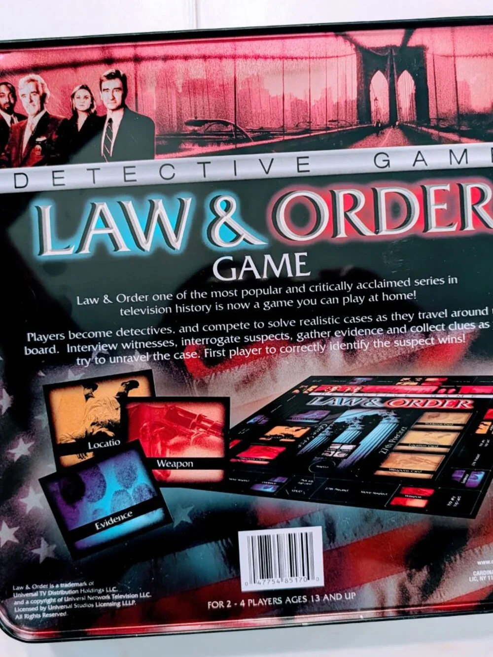Law & Order Detective Game Metal Tin Universal Studios 2-4 Players Open Box
